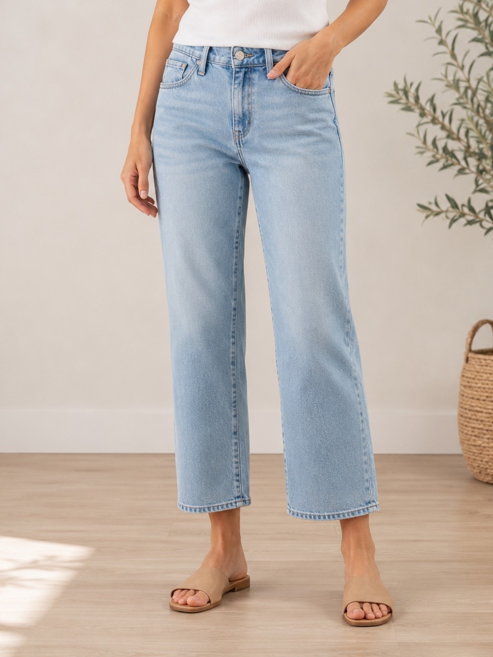 PAIGE Light Blue Cropped Straight Jeans